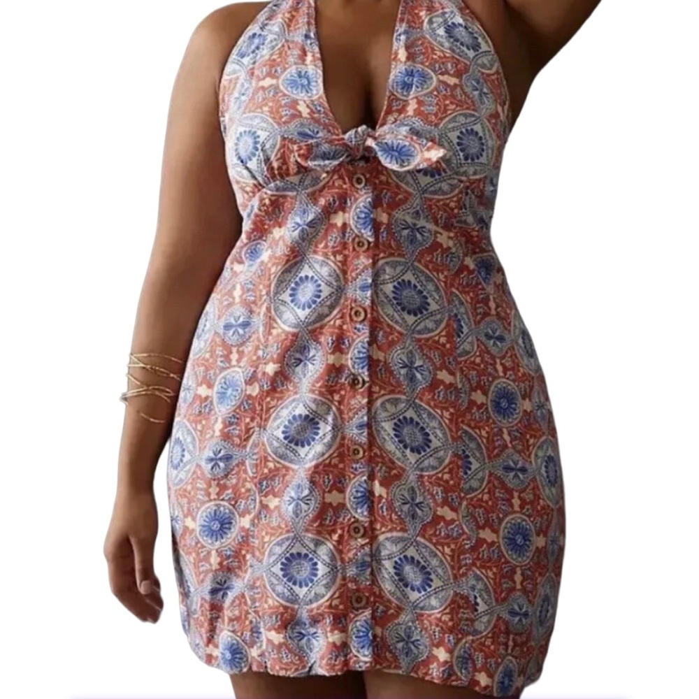 Maeve Anthropologie Halter Slim Mini V Neck Floral Boho Linen Blend Dress 3X